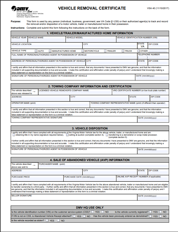 Virginia DMV VSA 40 Vehicle Removal Certificate form used for certain no-title vehicle removals